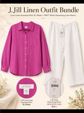 J.Jill Linen Essential Pink Top & White Drawstring Linen Pants - J. Jill